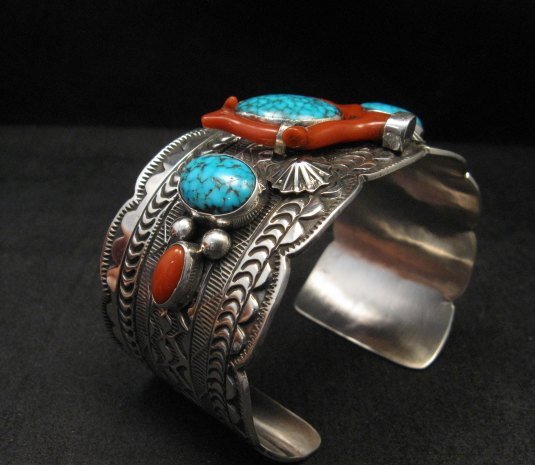 Image 3 of Navajo Native American Kingman Web Turquoise Coral Bracelet, Tillie Jon