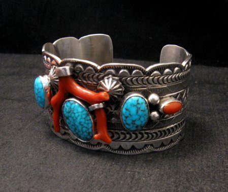 Image 4 of Navajo Native American Kingman Web Turquoise Coral Bracelet, Tillie Jon