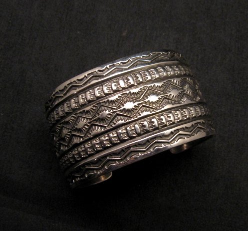 Image 1 of Navajo Handmade 1-1/2 inch Stamped Sterling Silver Cuff Bracelet Sunshine Reeves