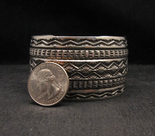 Image 3 of Navajo Handmade 1-1/2 inch Stamped Sterling Silver Cuff Bracelet Sunshine Reeves