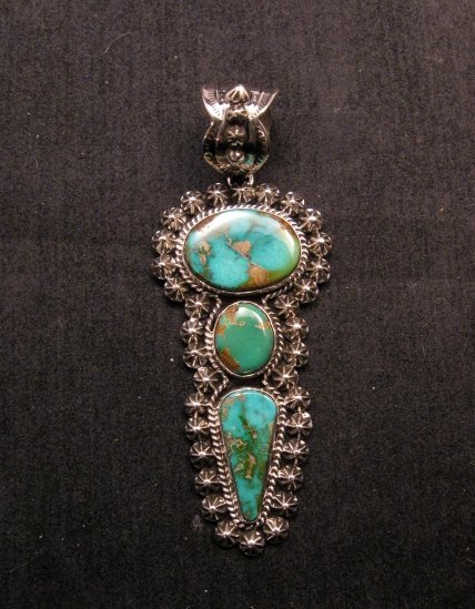 Image 1 of Native American Royston Turquoise Silver Pendant, Happy Piasso