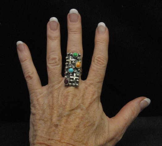 Image 3 of Native American Silver Multi Gemstone Cross Ring sz8 by Geneva Apachito