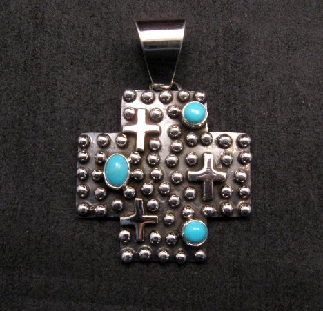 Image 0 of Native American Navajo Turquoise Silver Cross Pendant, Geneva Apachito