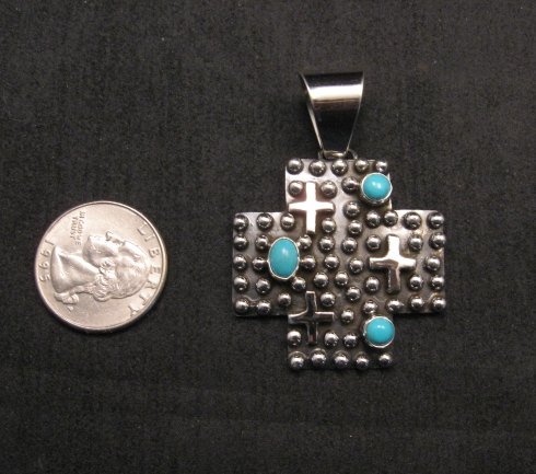 Image 1 of Native American Navajo Turquoise Silver Cross Pendant, Geneva Apachito