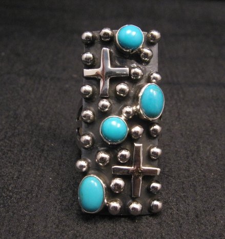 Image 0 of Native American Turquoise Silver Cross Ring sz8 by Geneva Apachito