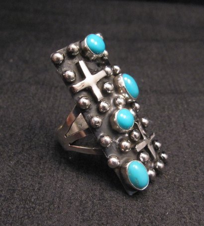 Image 1 of Native American Turquoise Silver Cross Ring sz8 by Geneva Apachito