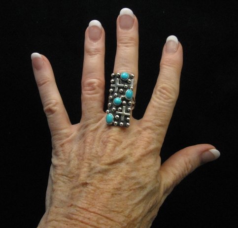Image 2 of Native American Turquoise Silver Cross Ring sz8 by Geneva Apachito