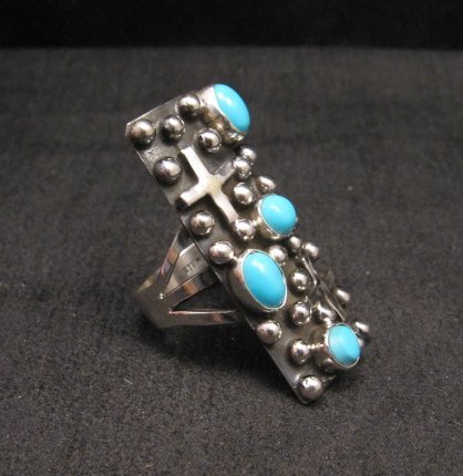 Image 1 of Native American Navajo Turquoise Silver Cross Ring sz8-1/2, Geneva Apachito