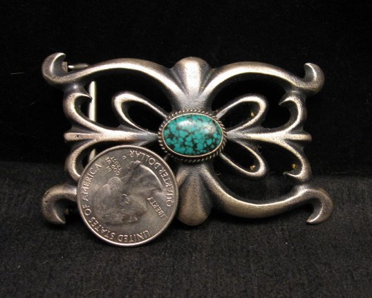 Image 1 of Old Navajo Native American Sandcast Silver Turquoise Buckle Martha Cayatineto