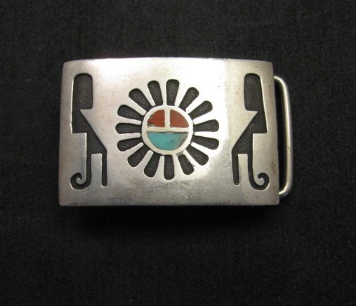Image 0 of Vintage Native American Silver Turquoise Coral Inlay Buckle