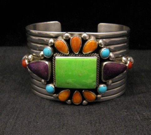 Image 0 of Native American Multistone Gem Cluster Silver Bracelet by Albert Jake, Navajo