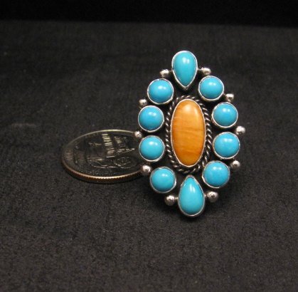 Image 0 of Native American Turquoise Spiny Cluster Silver Ring, La Rose Ganadonegro sz7