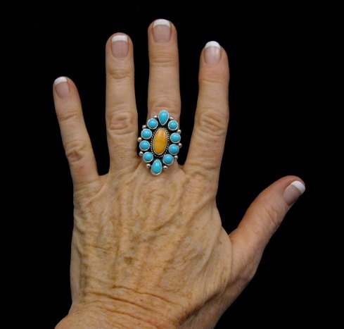 Image 2 of Native American Turquoise Spiny Cluster Silver Ring, La Rose Ganadonegro sz7