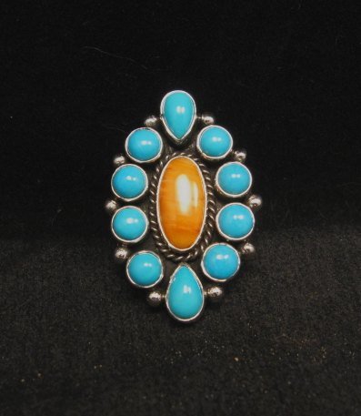 Image 4 of Native American Turquoise Spiny Cluster Silver Ring, La Rose Ganadonegro sz7