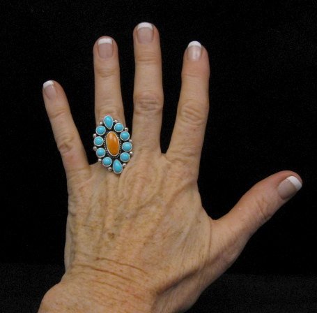 Image 2 of Native American Turquoise Spiny Cluster Silver Ring, La Rose Ganadonegro sz6-3/4