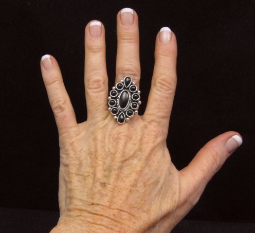 Image 3 of Native American Black Onyx Cluster Silver Ring, La Rose Ganadonegro sz7