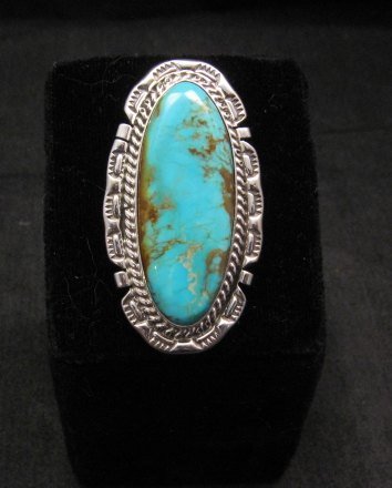 Image 4 of Long Native American Navajo Kingman Turquoise Silver Ring, Augestine Largo Sz8