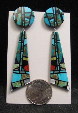 Image 3 of Long Santo Domingo Kewa Christopher Nieto Turquoise Multigem Inlay Earrings