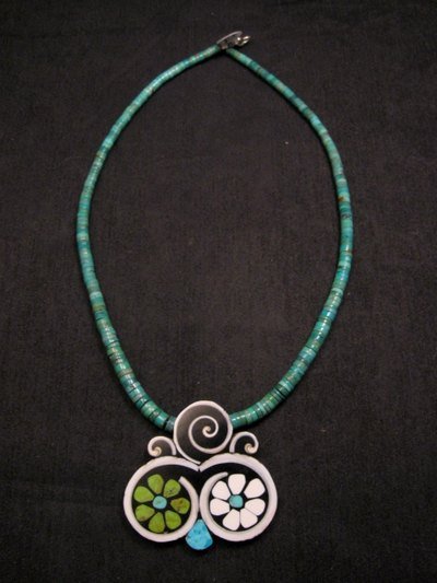 Image 0 of Mary Tafoya Santo Domingo Mosaic Flower Inlay Turquoise Heishi Necklace