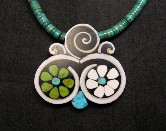Image 1 of Mary Tafoya Santo Domingo Mosaic Flower Inlay Turquoise Heishi Necklace