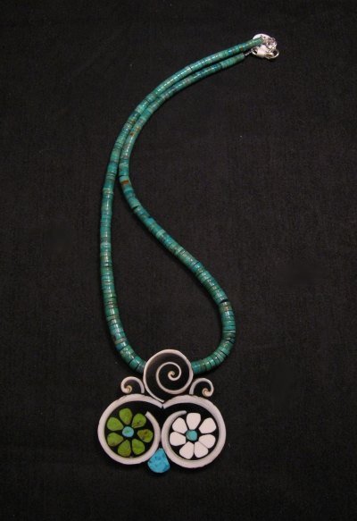 Image 4 of Mary Tafoya Santo Domingo Mosaic Flower Inlay Turquoise Heishi Necklace