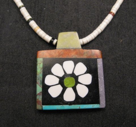 Image 1 of Santo Domingo Kewa Inlay Flower Pendant & Heishi Necklace, Mary Tafoya