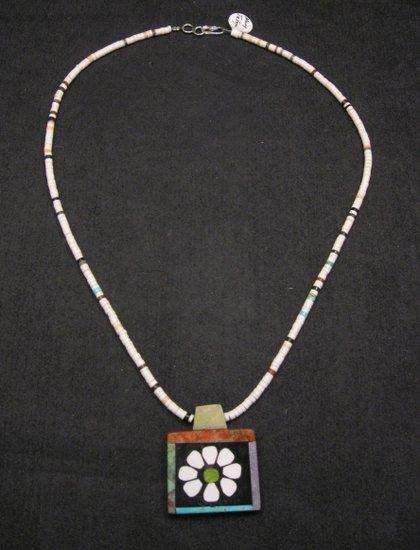 Image 3 of Santo Domingo Kewa Inlay Flower Pendant & Heishi Necklace, Mary Tafoya
