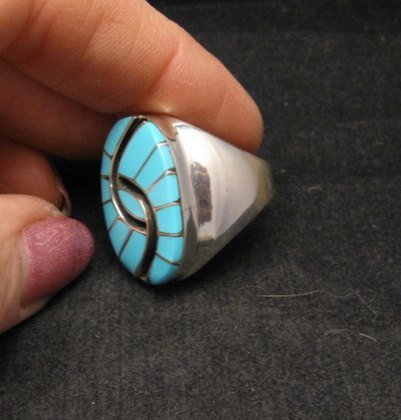 Image 2 of Large Amy Wesley Zuni Turquoise Hummingbird Sterling Silver Ring sz10