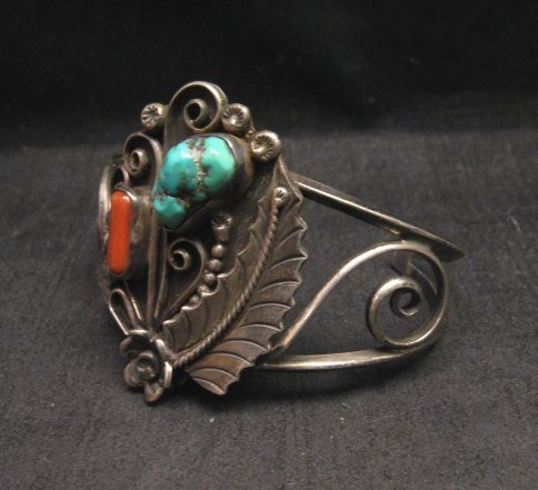 Image 1 of Vintage Navajo Native American Turquoise Coral Silver Bracelet D&J Clark