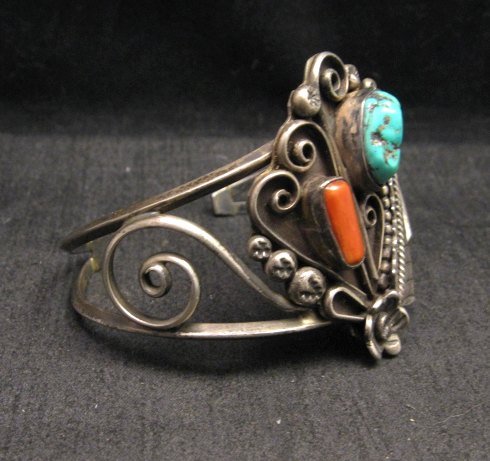Image 2 of Vintage Navajo Native American Turquoise Coral Silver Bracelet D&J Clark