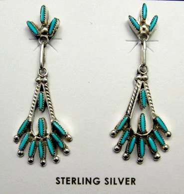 Image 0 of Zuni Turquoise Needlepoint Silver Dangle Earrings, Bryant Pablito