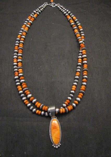 Image 3 of Navajo Spiny Oyster Sterling Silver Bead Necklace 22 inches Marilyn Platero
