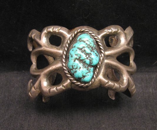 Image 0 of Vintage Navajo Native American Sandcast Silver Sea Foam Turquoise Bracelet