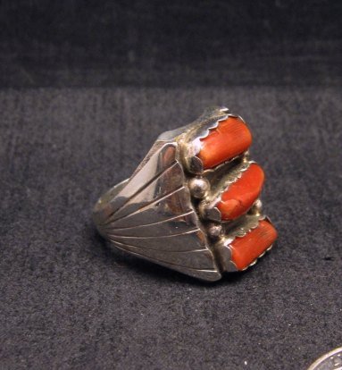 Image 1 of Navajo Native American Triple Coral Silver Ring sz10-1/2, Marlene Martinez