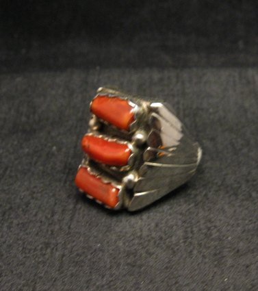 Image 2 of Navajo Native American Triple Coral Silver Ring sz10-1/2, Marlene Martinez