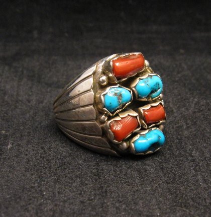 Image 1 of Navajo Native American Turquoise & Coral Sterling Silver Ring sz12 Julia Etsitty