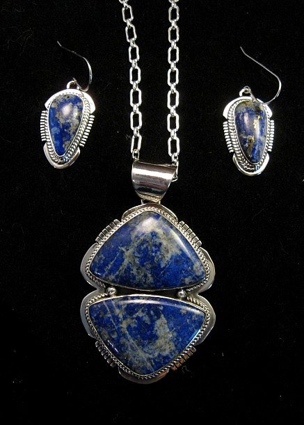 Image 1 of Native American Lapis Sterling Silver Necklace & Earrings Set - Navajo
