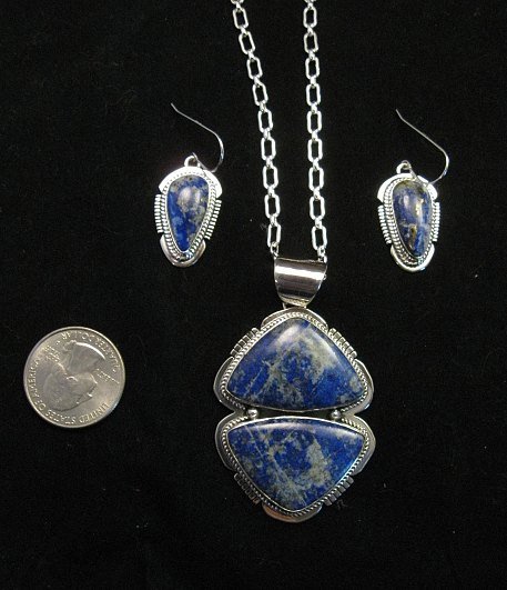 Image 6 of Native American Lapis Sterling Silver Necklace & Earrings Set - Navajo