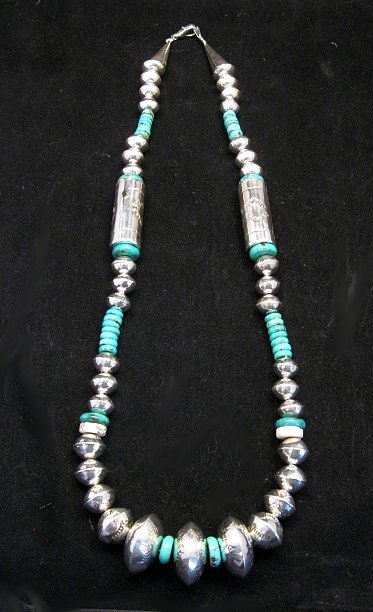 Image 0 of Navajo Stamped Silver Barrel Beads Turquoise Necklace, Lawrence Morgan