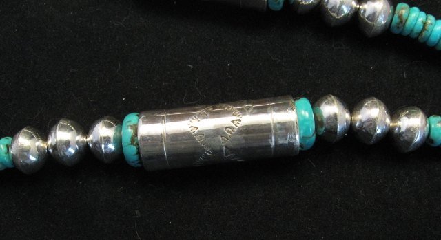 Image 3 of Navajo Stamped Silver Barrel Beads Turquoise Necklace, Lawrence Morgan