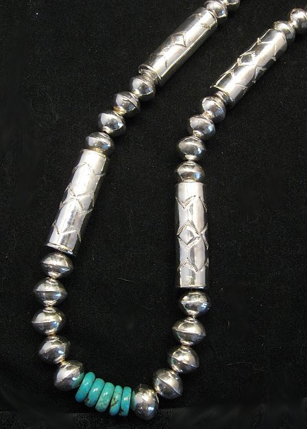 Image 0 of Navajo Stamped Silver Barrel Beads Turquoise Necklace, Lawrence Morgan