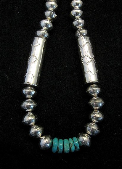 Image 1 of Navajo Stamped Silver Barrel Beads Turquoise Necklace, Lawrence Morgan