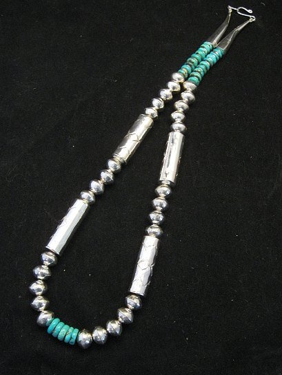 Image 2 of Navajo Stamped Silver Barrel Beads Turquoise Necklace, Lawrence Morgan