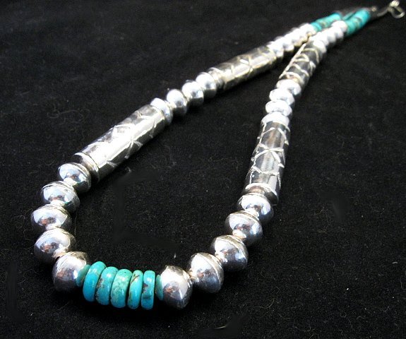 Image 4 of Navajo Stamped Silver Barrel Beads Turquoise Necklace, Lawrence Morgan