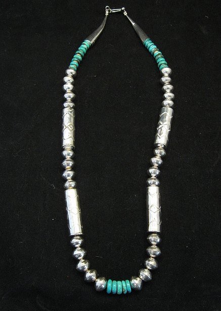 Image 5 of Navajo Stamped Silver Barrel Beads Turquoise Necklace, Lawrence Morgan
