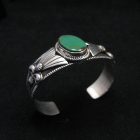 Image 4 of Native American Indian Green Turquoise Silver Bracelet, Derrick Gordon