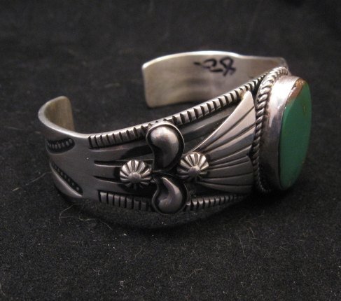 Image 3 of Native American Indian Green Turquoise Silver Bracelet, Derrick Gordon