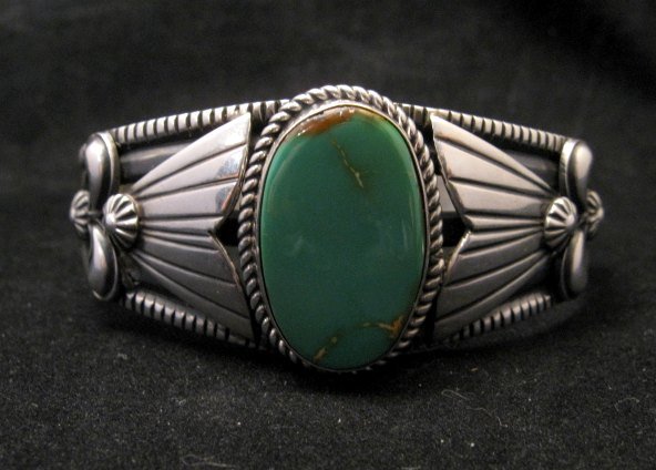 Image 2 of Native American Indian Green Turquoise Silver Bracelet, Derrick Gordon