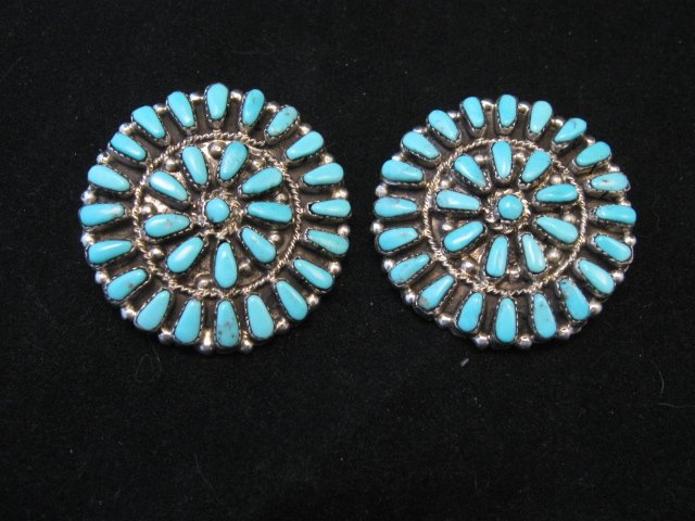 Image 0 of Big Zuni Turquoise Sterling Silver Cluster Earrings, Marcine Stead, Clip-on