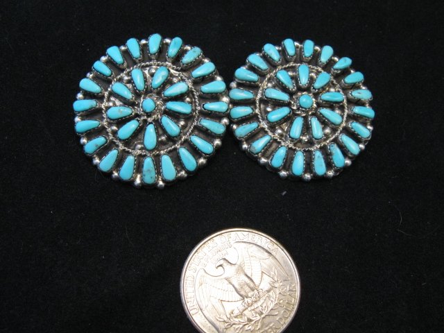Image 3 of Big Zuni Turquoise Sterling Silver Cluster Earrings, Marcine Stead, Clip-on